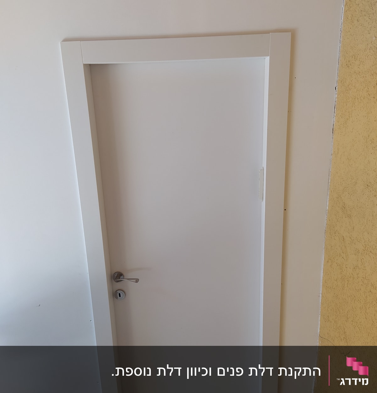 דלת לבנה עם ידית כסופה וקיר צהוב